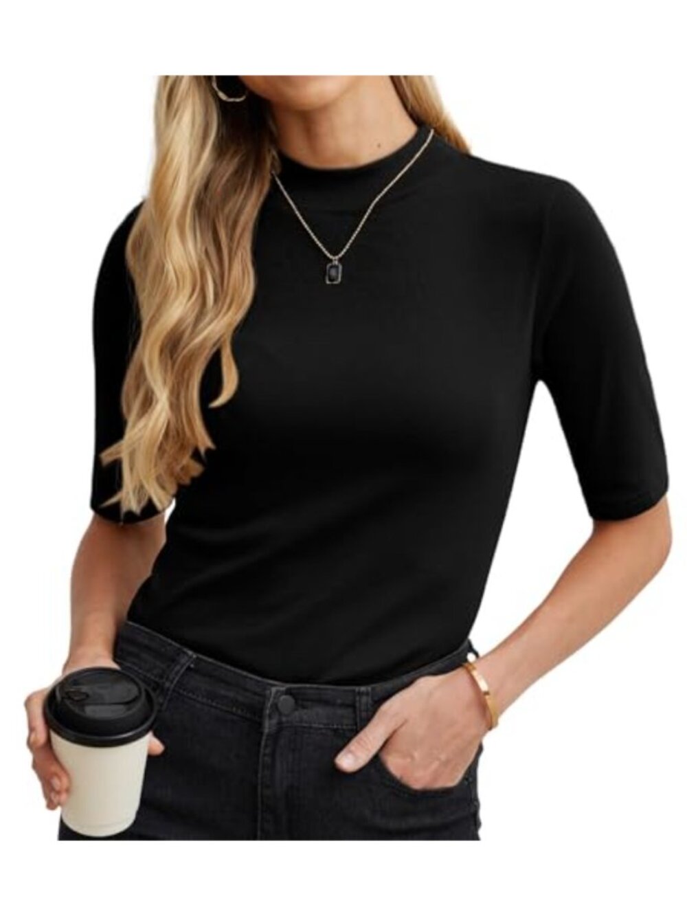 Women's Mock Neck Short Sleeve T-Shirt Slim Fit Lightweight Knit Tee